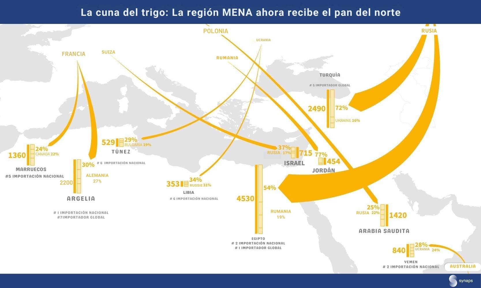 Carte illustrant les flux de blé vers la région MENA depuis divers pays.
