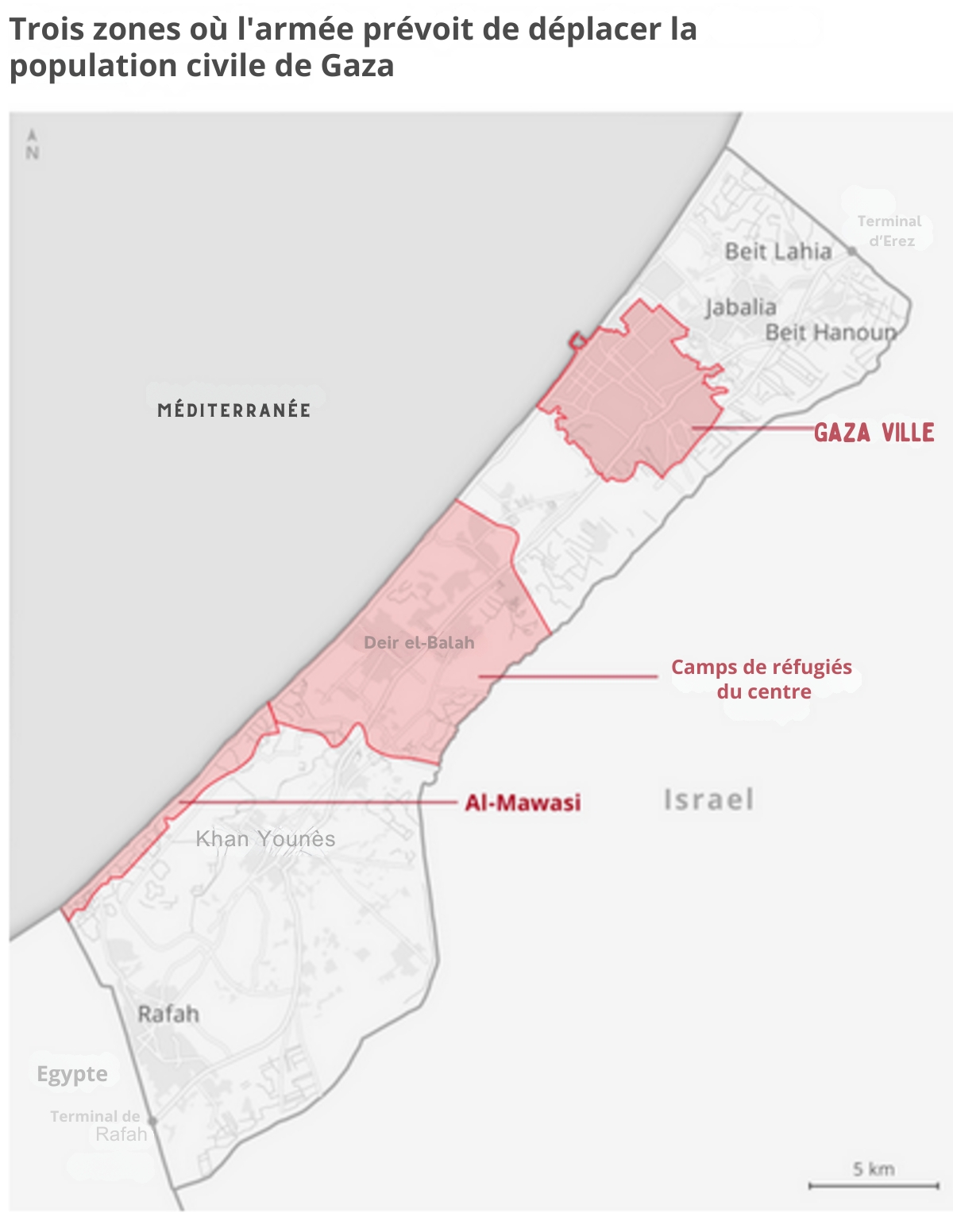 Carte de Gaza montrant trois zones de déplacement pour la population civile.
