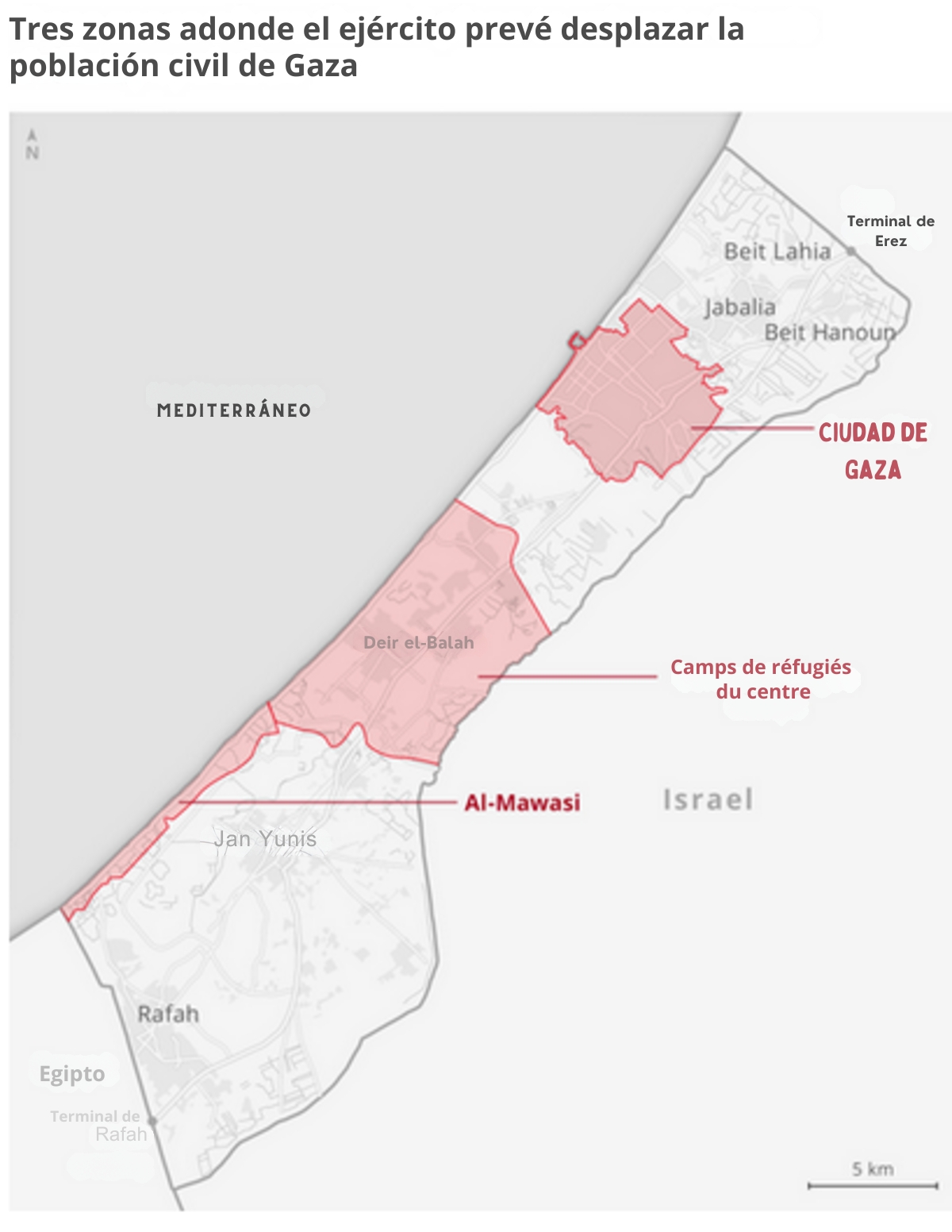 Carte de Gaza indiquant zones de déplacement et camps de réfugiés.