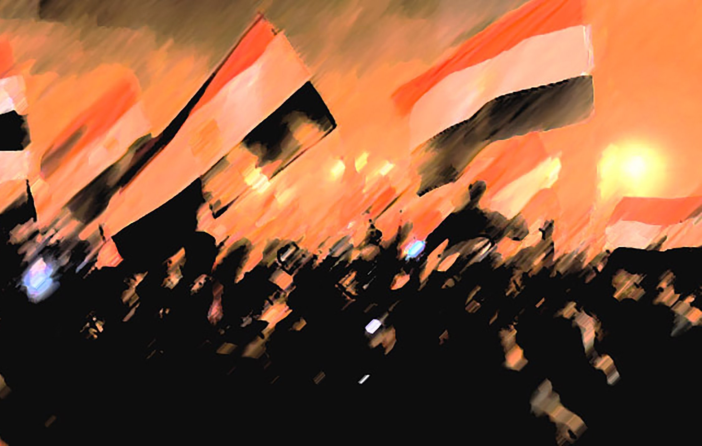 الصورة تظهر مجموعة كبيرة من الأشخاص يحملون الأعلام. الأعلام تحمل ألواناً تقليدية، ربما تعود لدولة معينة، وتبدو الأجواء مشحونة بالعاطفة. الخلفية ملوّنة بلون دافئ، مما يضفي شعوراً بالحماس والتجمع. الرؤية غير واضحة بشكل كامل، مما يعكس حيوية اللحظة.