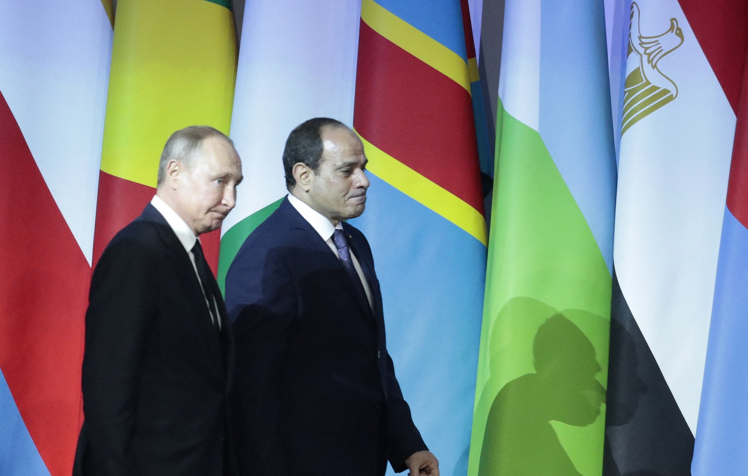 تظهر الصورة رجلين يسيران جنباً إلى جنب، مع وجود مجموعة من الأعلام خلفهم. يبدو أن أحدهم يرتدي بدلة داكنة، بينما الآخر يرتدي بدلة رسمية أيضاً، ويبدو أن كلاهما يتجه نحو جهة معينة. الأعلام خلفهم تمثل دولاً مختلفة، مما يوحي بأن الصورة تم التقاطها خلال حدث دولي أو قمة. الأجواء تبدو رسمية وجادة.