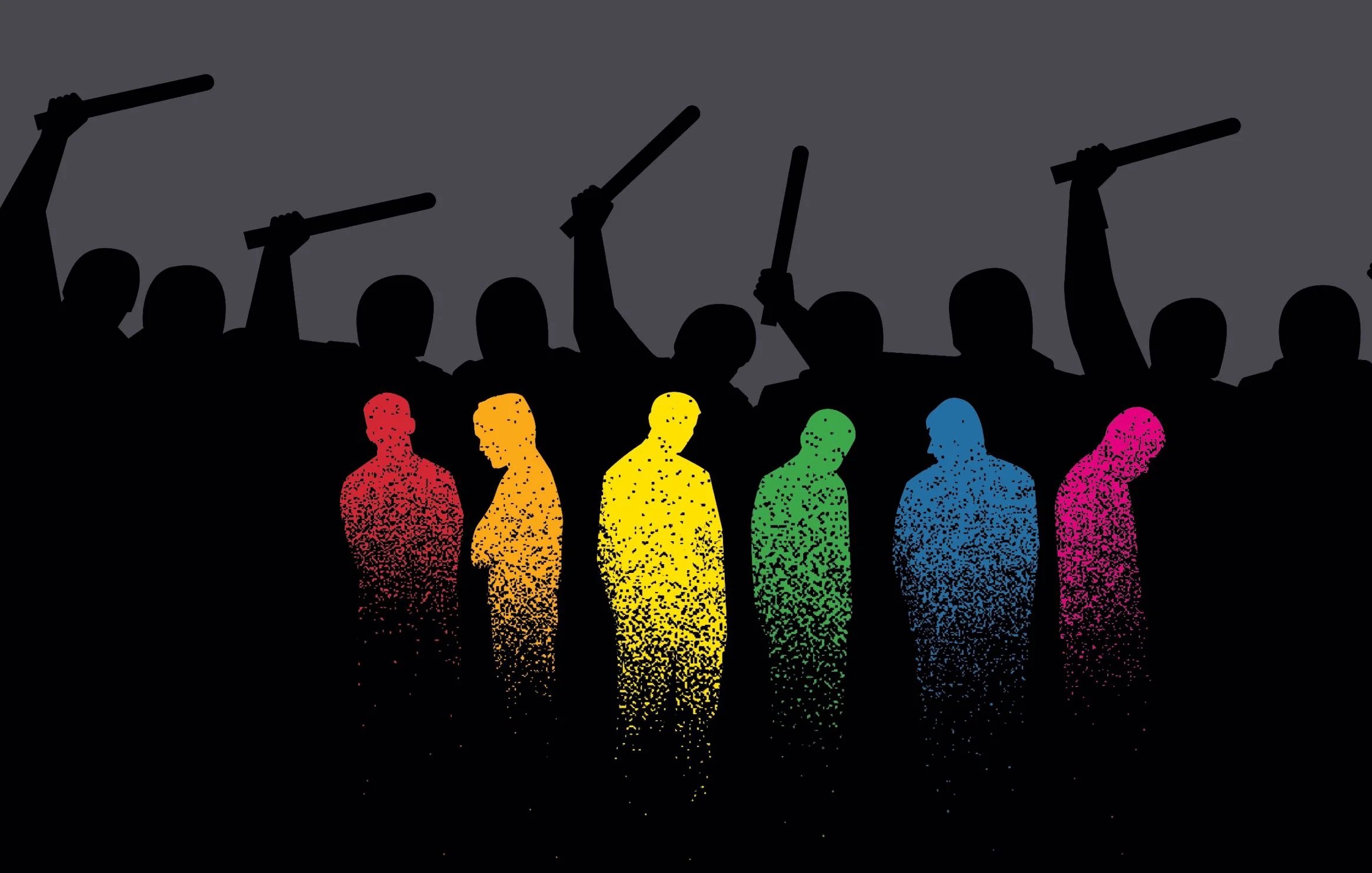 تظهر في الصورة silhouettes (ظلال) لأشخاص، حيث يوجد مجموعة من الأشخاص في الخلفية يحملون العصي مرفوعة، بينما في المقدمة توجد مجموعة من الظلال الملونة بالألوان الزاهية (الأصفر، البرتقالي، الأخضر، الأزرق، والوردي) بشكل متدرج. الخلفية تبدو داكنة، مما يعزز من إبراز الألوان في المقدمة. الصورة تعكس نوعًا من التوتر أو الصراع بين الأفراد.