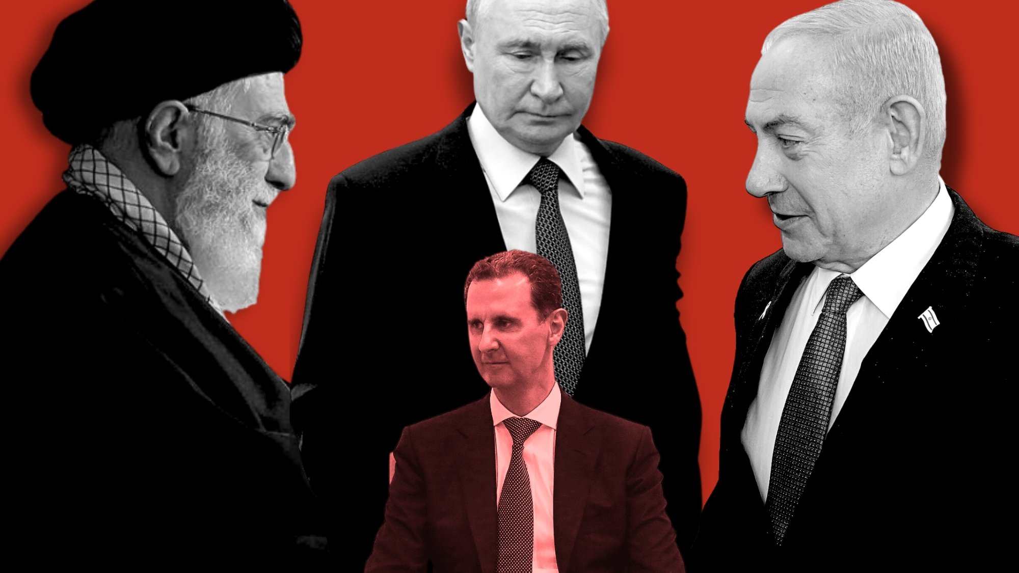 الصورة تظهر مجموعة من الشخصيات السياسية البارزة في سياق سياسي معقد. في الزاوية اليسرى، يوجد رجل يرتدي عمامة سوداء، ويبدو أنه شخصية دينية أو سياسية بارزة. في الزاوية اليمنى، يظهر رجل آخر يرتدي بدلة أنيقة، يبدو أنه زعيم دولة. في الوسط، يجلس رجل يرتدي بدلة بشكل أكثر رسمية، وهو يبدو في وضعية استماع أو انتظار. الخلفية حمراء، مما يضيف طابعاً درامياً للصورة. تعكس هذه الصورة توترات وديناميكيات العلاقات بين هذه الشخصيات.