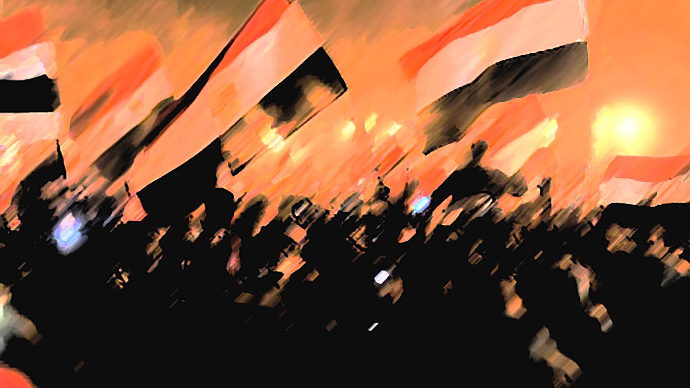 الصورة تظهر مجموعة كبيرة من الأشخاص يحملون الأعلام. الأعلام تحمل ألواناً تقليدية، ربما تعود لدولة معينة، وتبدو الأجواء مشحونة بالعاطفة. الخلفية ملوّنة بلون دافئ، مما يضفي شعوراً بالحماس والتجمع. الرؤية غير واضحة بشكل كامل، مما يعكس حيوية اللحظة.