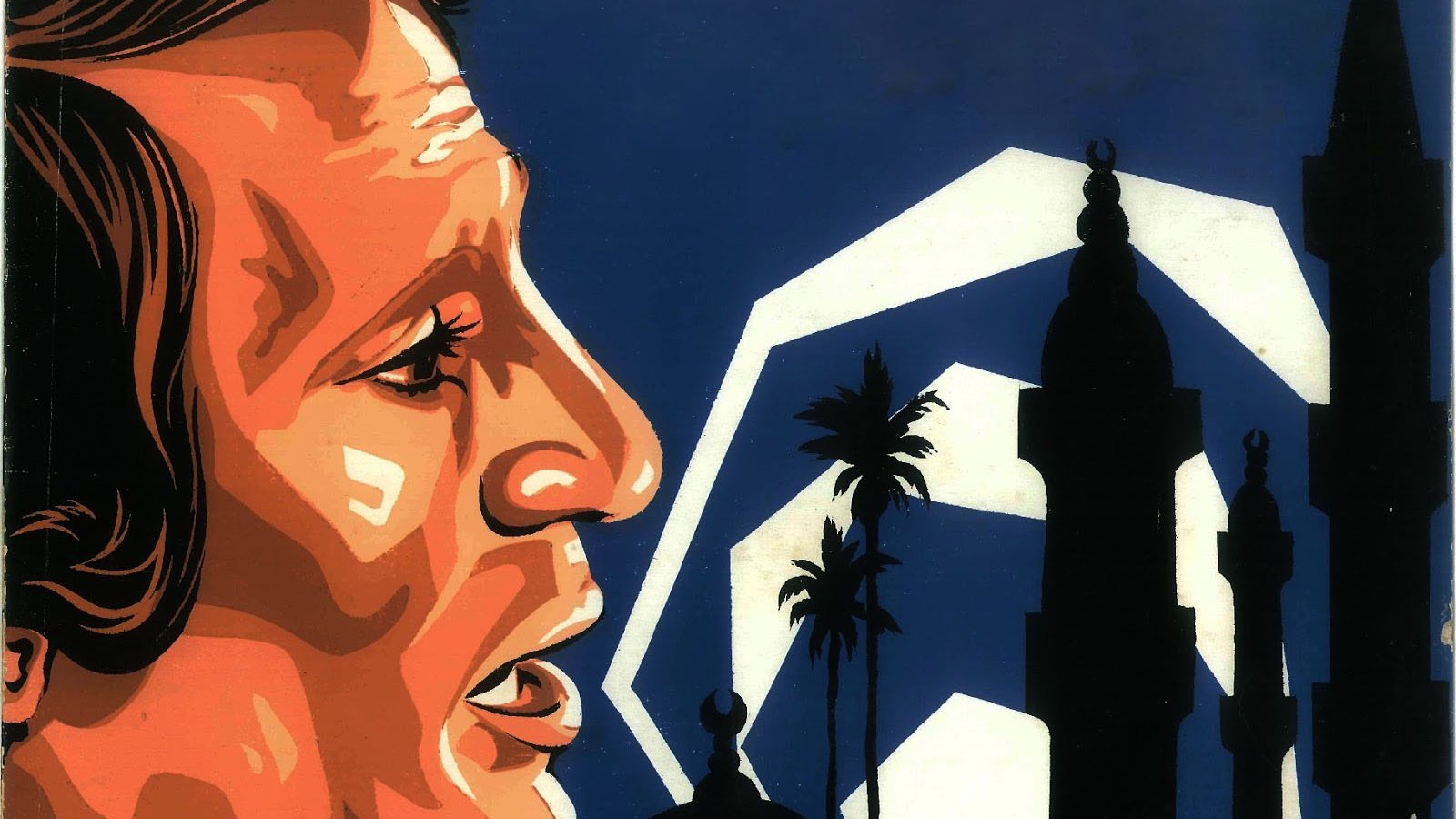 الصورة تظهر رسمًا لأحد الأشخاص، يُظهر جانب وجهه بوضوح، مع تعابير تعكس الانفعالات. الخلفية مليئة بالأشكال الهندسية وتحتوي على معالم معمارية تشمل مآذن وأشجار النخيل، مما يوحي بأجواء شرقية. الألوان المستخدمة فيها غامقة، وتعزز من العمق والبروز في الصورة.