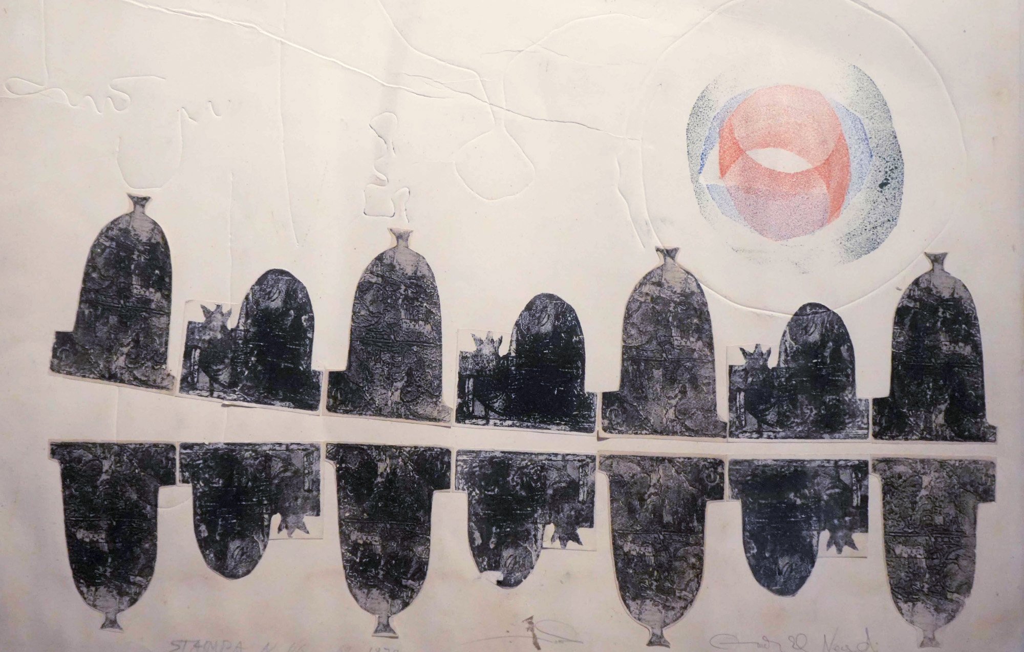 The image features a mix of abstract and symbolic elements. It includes a series of elongated, dark shapes that resemble silhouettes, likely representing figures or objects, arranged in a row. These shapes are mirrored below, creating a reflective effect. Above them, there is a circular design made up of various colors, such as soft reds and blues, which may symbolize the sun or an abstract celestial body. The background appears textured and includes faint, linear markings, adding depth to the composition. Overall, the artwork conveys a sense of balance between the dark silhouettes and the vibrant circular element above.