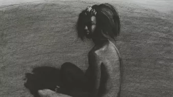 الصورة تُظهر تجسيداً فنياً لامرأة جالسة في وضع جانبي. تتميز بألوان داكنة وظلال قوية، مما يبرز تفاصيل الشكل والملامح بطريقة تعبر عن الجمال والعمق. الشعر مُجفف بشكل غير مرتب، مما يضيف بعداً إضافياً للصورة. الخلفية بسيطة وتركيز الضوء على الشخصية يُظهر الانسجام بين الضوء والظل.