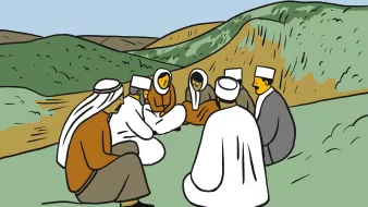 تظهر الصورة مجموعة من الأشخاص جلوسًا في حلقة على الأرض في منطقة طبيعية، تحيط بهم تلال خضراء. يرتدي الرجال ملابس تقليدية تشمل العمائم، في حين أن النساء يلبسن أزياء تقليدية أيضًا. يبدو أنهم engaged في حوار أو مناقشة، مما يعطي انطباعًا عن التقاليد الاجتماعية والترابط داخل المجتمع. الجو هادئ وطبيعي.