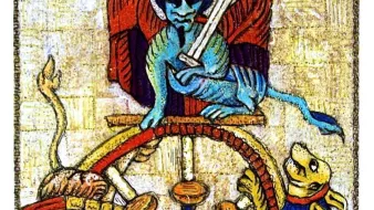 الصورة تُظهر مشهدًا فنيًا ملونًا يجمع عناصر رمزية متنوعة. في الجزء العلوي، نجد شخصية تحمل سيفًا، تبدو كأنها تتمتع بسلطة، بينما تحيط بها ألوان زاهية. في الوسط، توجد عجلة كبيرة تحمل رموزًا أخرى، وقد يكون هنالك مخلوقات أو أشكال تمثل قوى أو أفكار مختلفة. يبدو أن الصورة تمزج بين الأساطير والرمزية، حيث تخلق تفاعلًا بصريًا قويًا يعكس موضوعات القوة والمصير.