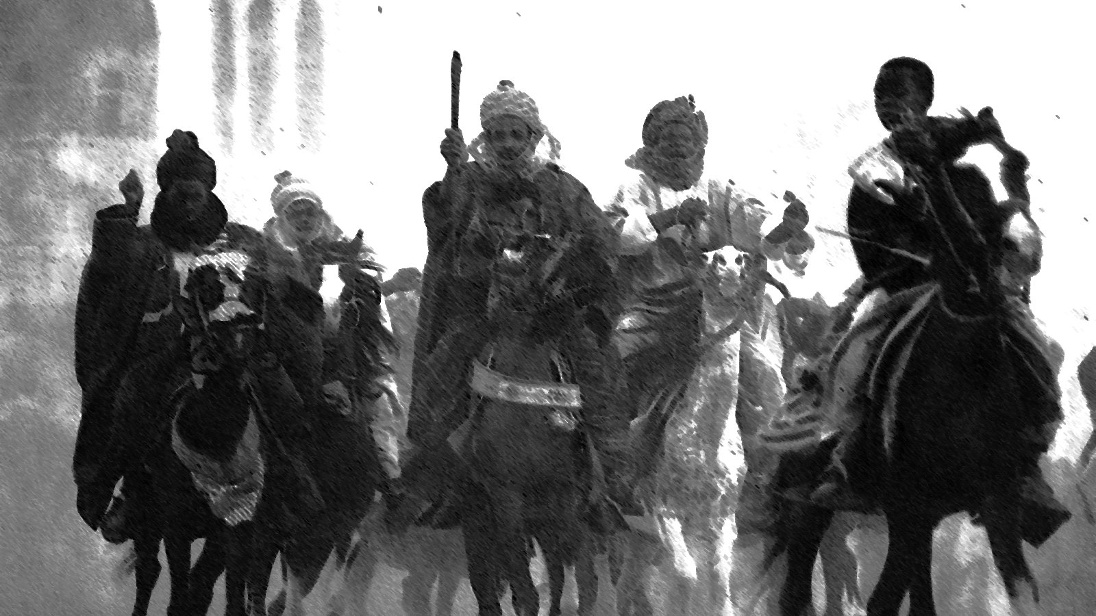 The image depicts a group of mounted figures riding through a misty or foggy environment. The riders, dressed in flowing garments and headgear, appear to be engaged in a dynamic movement, possibly representing a historical or ceremonial moment. The overall tone of the image is dark and dramatic, with a strong contrast between the figures and the background, enhancing the sense of action and intensity.