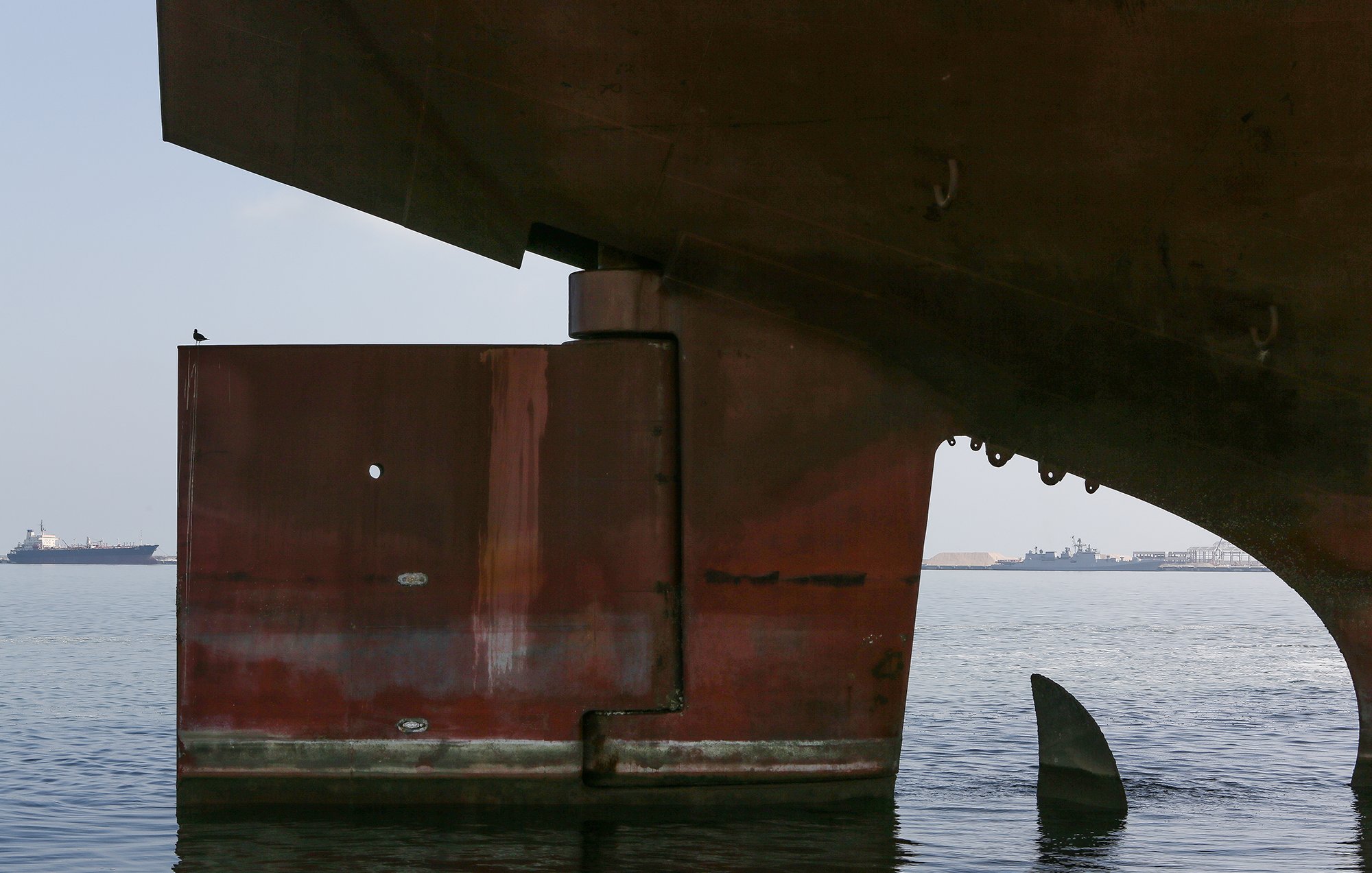 The image shows a large ship's hull partially submerged in water. The focus is on the underside of the ship, highlighting the robust, metallic structure with a reddish-brown color. There is a large flat section that appears to be a rudder or part of the propulsion system. In the background, you can see another ship and a distant shoreline, suggesting a port or harbor setting. The water is calm, reflecting the shapes above, and the atmosphere looks hazy or foggy. A small bird is perched on the edge of the structure, adding a touch of life to the scene.