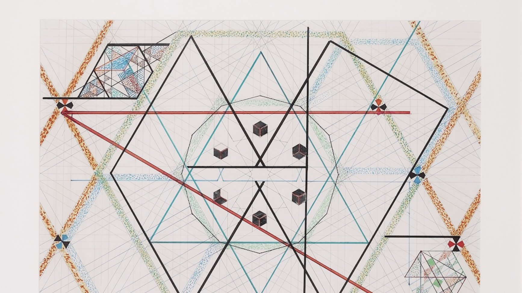 The image features a complex geometric design composed of various shapes and patterns. Central to the composition is a large hexagonal structure, surrounded by intricate lines and smaller geometric figures, including cubes. The design uses a palette of colors, including blue, black, and red, with some areas highlighted in green and orange. The background includes grid-like patterns, adding depth and structure to the overall design. The arrangement appears both mathematical and artistic, creating a sense of symmetry and precision.