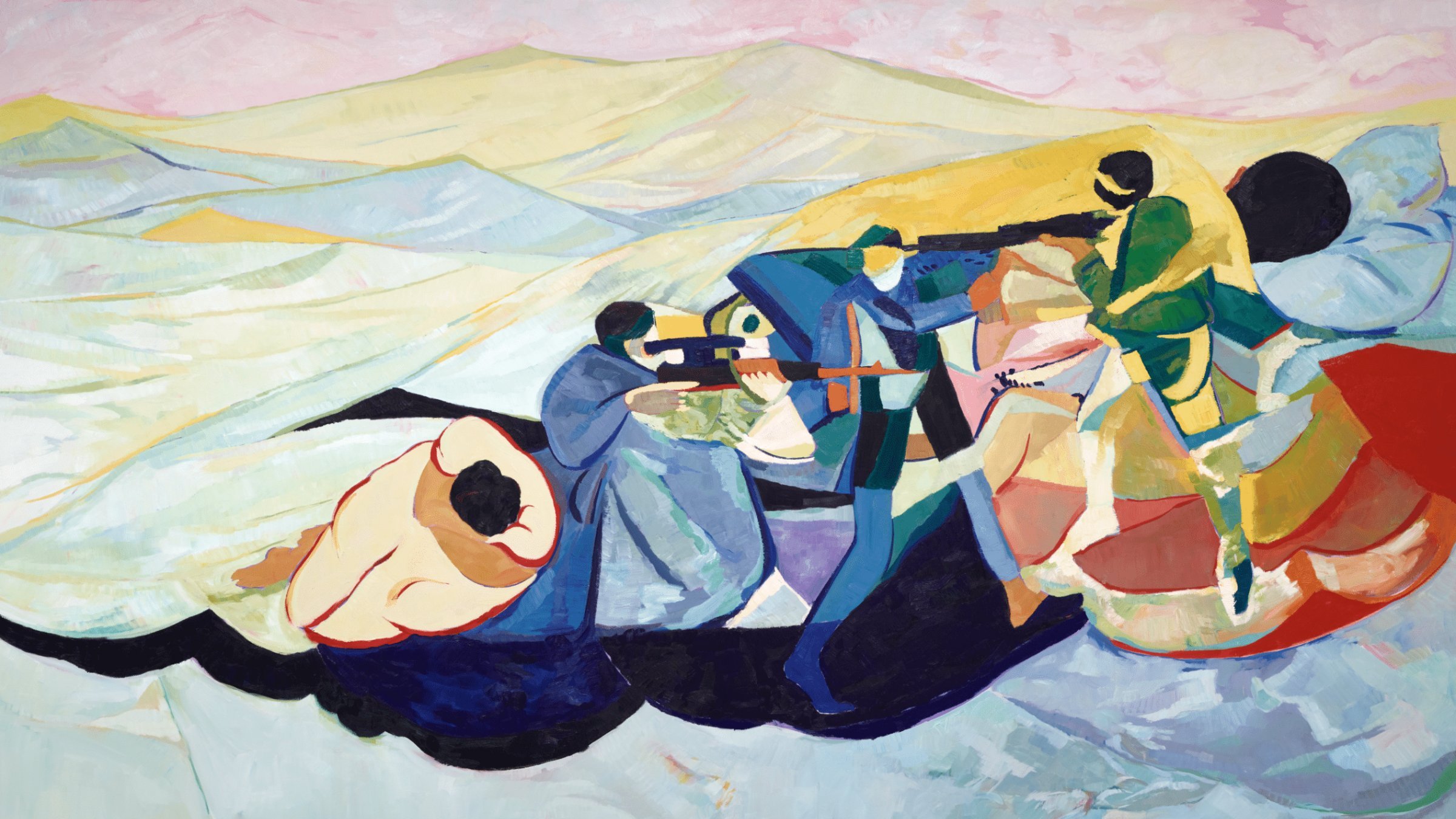 The image appears to be an abstract painting featuring several figures engaged in a dynamic scene. The colors are vivid and varied, with a palette that includes blues, pinks, greens, and blacks. The figures seem to represent a group in action, with some holding weapons and others in more passive poses. The background is painted with soft, flowing lines that suggest a landscape, possibly hills or mountains, adding to the scene's dramatic feel. The overall composition is energetic and conveys themes of struggle or conflict, while the abstract style emphasizes emotional rather than literal interpretations.