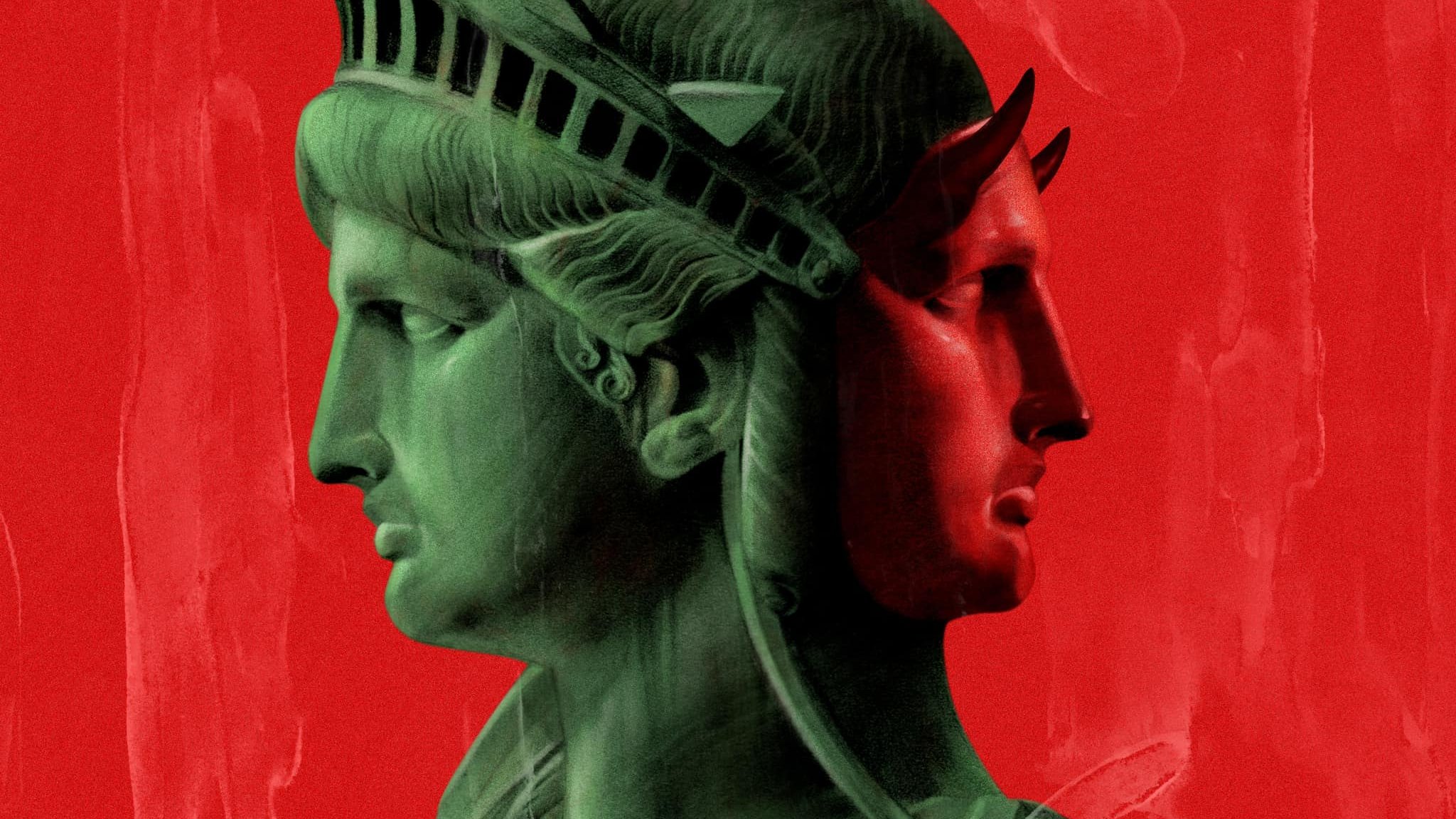 The image features a stylized representation of the Statue of Liberty, depicted in green against a bold red background. It appears to show two profiles of the statue side by side, highlighting its iconic features like the crown and facial details. The overall composition has an artistic and surreal quality, blending elements of color and form to create a striking visual effect.