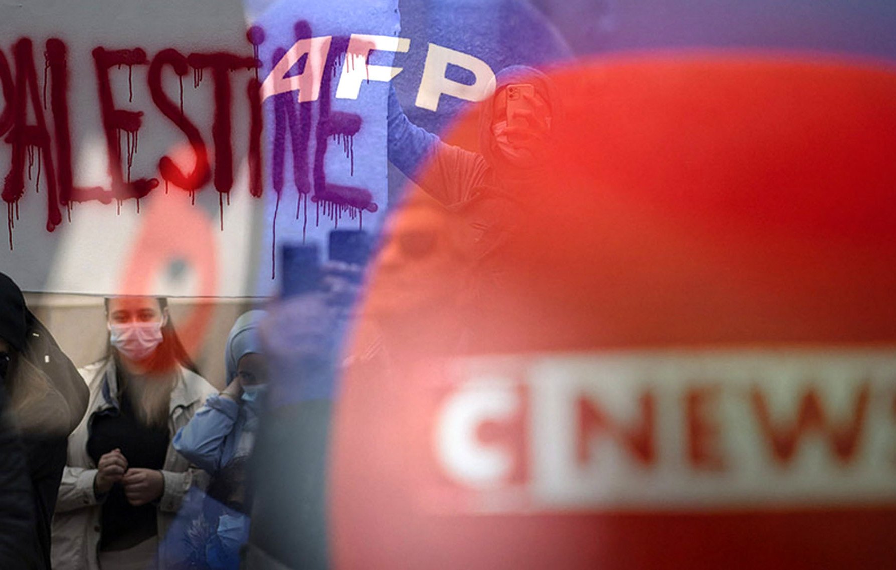 The image appears to depict a scene related to a protest or demonstration. In the background, there is graffiti that reads "PALESTINE," likely expressing support for Palestinian causes. The foreground shows blurred elements, possibly including news coverage or media logos, indicating that the event is being reported. The overall composition suggests a focus on social or political issues, drawing attention to the situation in Palestine alongside media presence.