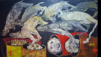 The image depicts a chaotic and unsettling scene featuring skeletal figures of animals, likely dogs, in dynamic motion, as if they are running or leaping. They are interspersed with containers that appear to hold dismembered heads and bones, creating a stark contrast between the lively movement of the animals and the grim contents of the barrels. The overall color palette includes dark tones, with hints of muted colors highlighting the figures and the disturbing elements, contributing to a sense of unease and intensity in the artwork.