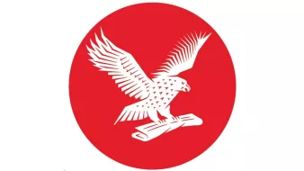 The image features a stylized eagle with outstretched wings, depicted in white, set against a bright red circular background. The eagle is perched on a scroll or rolled-up document. The overall design is bold and simplistic, emphasizing the eagle's dynamic posture.