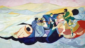 The image appears to be an abstract painting featuring several figures engaged in a dynamic scene. The colors are vivid and varied, with a palette that includes blues, pinks, greens, and blacks. The figures seem to represent a group in action, with some holding weapons and others in more passive poses. The background is painted with soft, flowing lines that suggest a landscape, possibly hills or mountains, adding to the scene's dramatic feel. The overall composition is energetic and conveys themes of struggle or conflict, while the abstract style emphasizes emotional rather than literal interpretations.
