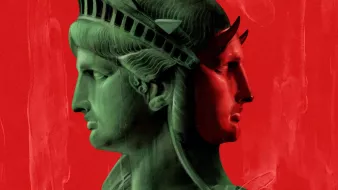 The image features a stylized representation of the Statue of Liberty, depicted in green against a bold red background. It appears to show two profiles of the statue side by side, highlighting its iconic features like the crown and facial details. The overall composition has an artistic and surreal quality, blending elements of color and form to create a striking visual effect.