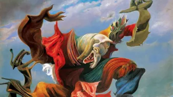 The image depicts an abstract, surrealist painting featuring a dynamic figure with exaggerated and distorted features. This figure appears to be in motion, possibly dancing or running, with flowing garments that blend into the surrounding landscape. The colors are vibrant, with a mix of earthy tones and bold reds, creating a sense of drama. In the background, there are hints of a sky and horizon that ground the scene, while the figure itself evokes a sense of emotional intensity and chaos. The overall composition combines elements of the bizarre and fantastical, characteristic of surrealism.