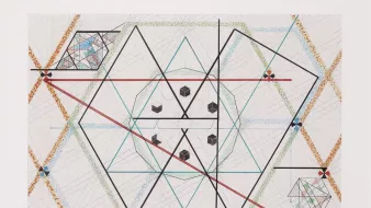 The image features a complex geometric design composed of various shapes and patterns. Central to the composition is a large hexagonal structure, surrounded by intricate lines and smaller geometric figures, including cubes. The design uses a palette of colors, including blue, black, and red, with some areas highlighted in green and orange. The background includes grid-like patterns, adding depth and structure to the overall design. The arrangement appears both mathematical and artistic, creating a sense of symmetry and precision.