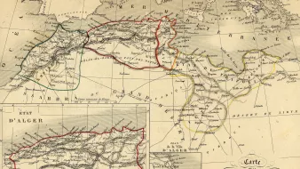 This image is an old map titled "Carte de Barbarie" that depicts the region of North Africa, specifically parts of Morocco, Algeria, and Tunisia. The map includes various geographical features such as mountains, rivers, and coastlines, marked with colors to differentiate borders and notable areas. In the lower inset, there's a more detailed view of the state of Algeria. The overall design reflects the cartography style of the time, featuring labels in French and artistic embellishments. The map provides historical insight into the territorial layout of the region during that period.