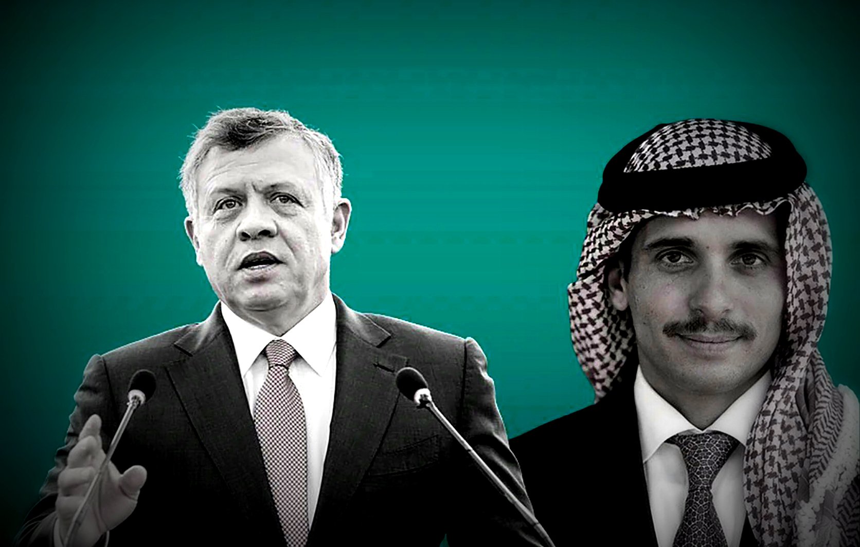 La imagen muestra a dos hombres en un fondo verde. A la izquierda, un hombre está hablando, probablemente en un contexto de discurso o intervención pública, con gestos en sus manos. A la derecha, hay otro hombre posando, que viste con un traje y un pañuelo típico árabe. Ambos parecen ser figuras importantes, posiblemente en un contexto político o gubernamental. El estilo de la imagen es en blanco y negro, lo que resalta el fondo verde.