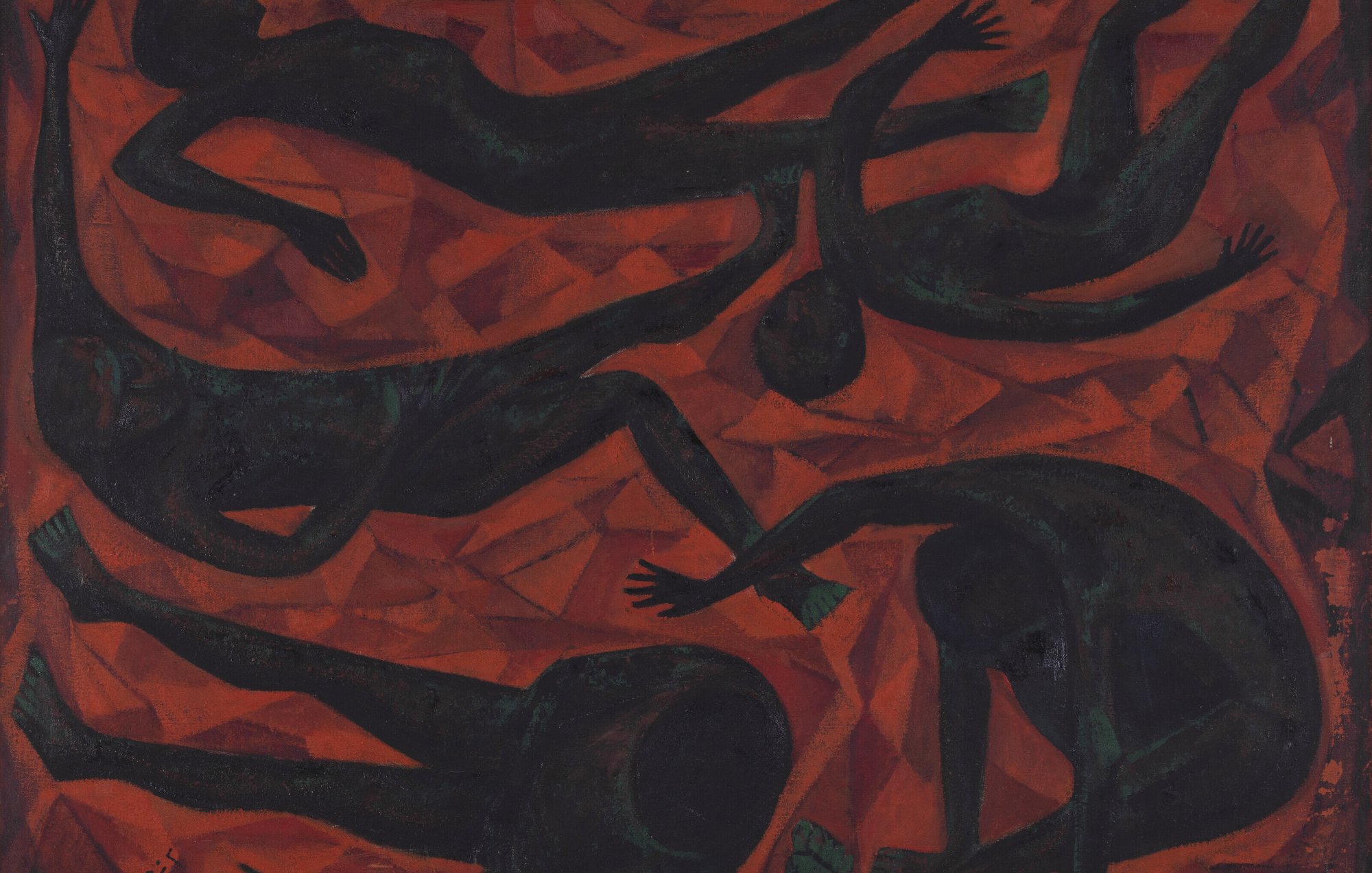 La imagen muestra una composición abstracta en tonos rojos y oscuros. Se pueden observar varias figuras humanas que parecen estar en diferentes posiciones, representando un sentido de movimiento o lucha. Las figuras son de color negro y están dispuestas de manera que contrastan con el fondo vibrante. La textura y las formas geométricas del fondo añaden profundidad y emoción a la obra. La escena transmite una sensación de tensión y dinamismo.