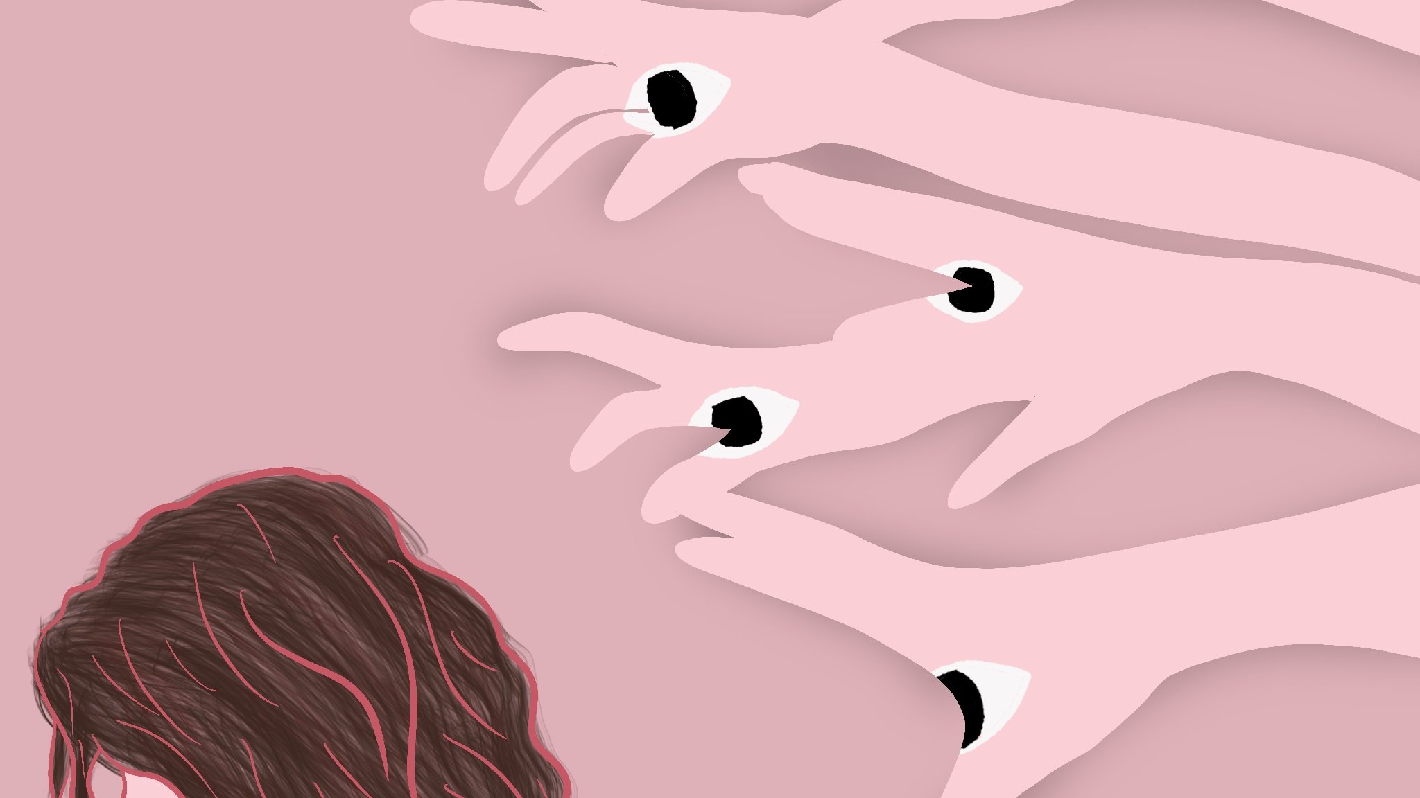 La imagen muestra a una persona con el cabello largo y castaño, de perfil y con la cabeza agachada, como si estuviera pensativa o triste. Al fondo, hay varias manos estilizadas en tonos rosados que parecen extenderse hacia ella. En cada mano hay un ojo, lo que sugiere una sensación de vigilancia o presión. El fondo es de un color rosa suave, lo que crea un contraste con la figura de la persona. La escena transmite una sensación de incomodidad o inquietud, posiblemente sobre la sensación de ser observado o juzgado.