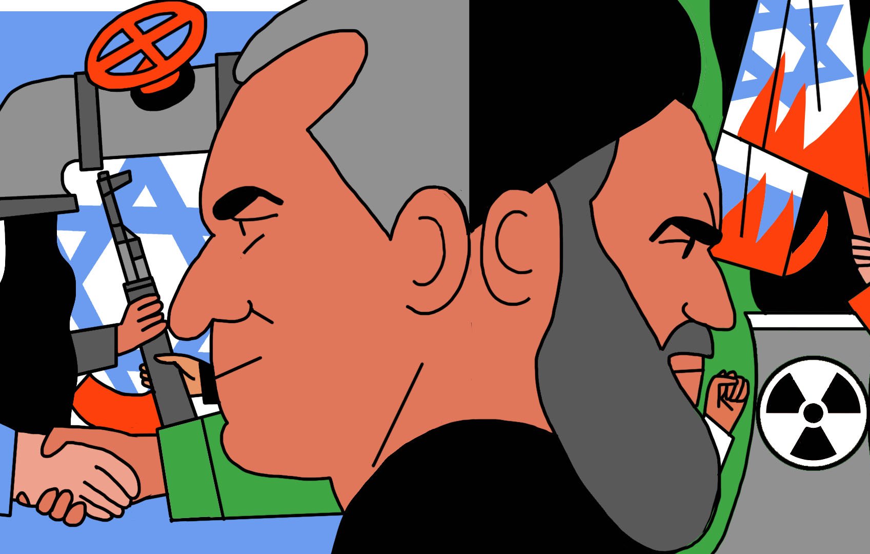 La imagen presenta un estilo gráfico en el que se pueden ver dos rostros en perfil, uno de ellos con cabello gris y el otro con barba oscura. Al fondo, se observan varios elementos que parecen simbolizar el conflicto, incluyendo una estrella de David, armas y señales de peligro, lo que sugiere una tensión geopolítica. La composición utiliza colores llamativos y formas simplificadas, transmitiendo una narrativa visual sobre la confrontación y las relaciones entre diferentes grupos o regiones.