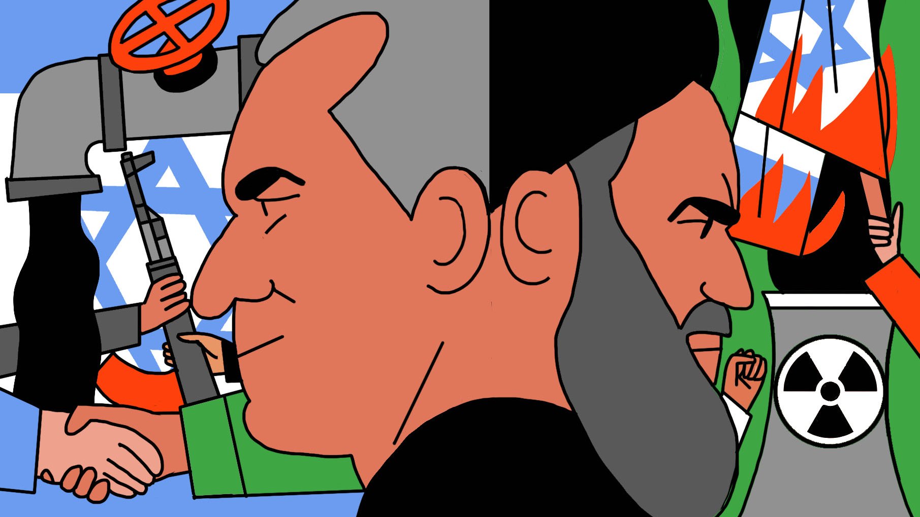 La imagen presenta un estilo gráfico en el que se pueden ver dos rostros en perfil, uno de ellos con cabello gris y el otro con barba oscura. Al fondo, se observan varios elementos que parecen simbolizar el conflicto, incluyendo una estrella de David, armas y señales de peligro, lo que sugiere una tensión geopolítica. La composición utiliza colores llamativos y formas simplificadas, transmitiendo una narrativa visual sobre la confrontación y las relaciones entre diferentes grupos o regiones.