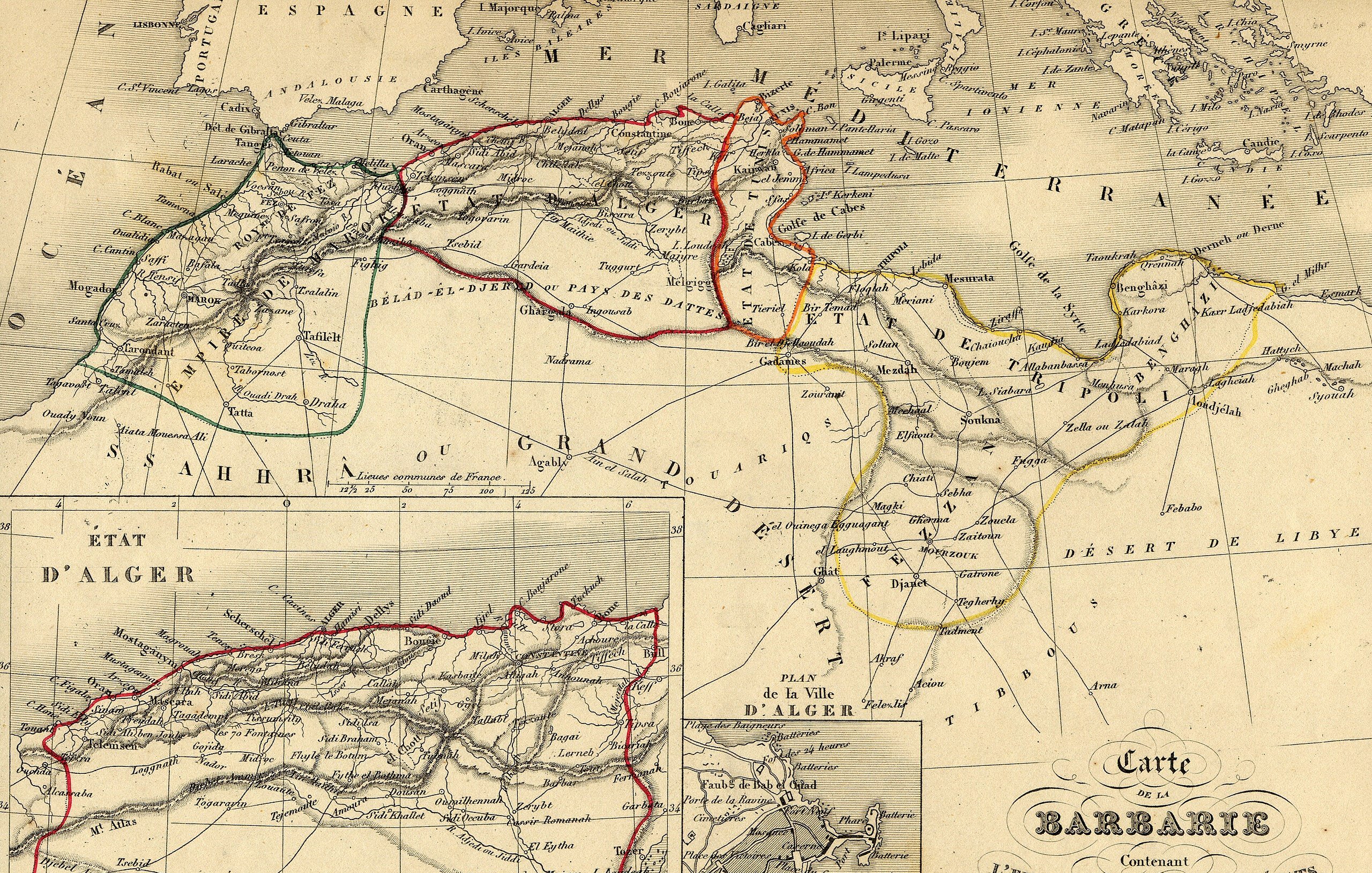 La imagen es un mapa antiguo de la región del Magreb, que incluye territorios de Marruecos, Argelia y Túnez. Este mapa está dividido en diferentes secciones, mostrando límites territoriales y características geográficas. En la parte superior, se pueden ver las montañas, ríos y ciudades destacadas. Además, hay un recuadro en la esquina inferior izquierda que contiene un mapa más detallado de Argelia. Las fronteras de cada país están delineadas con colores diferentes, lo que facilita la identificación de los límites territoriales. La estética del mapa refleja el estilo cartográfico del siglo XIX, con un diseño ornado y texto en francés.
