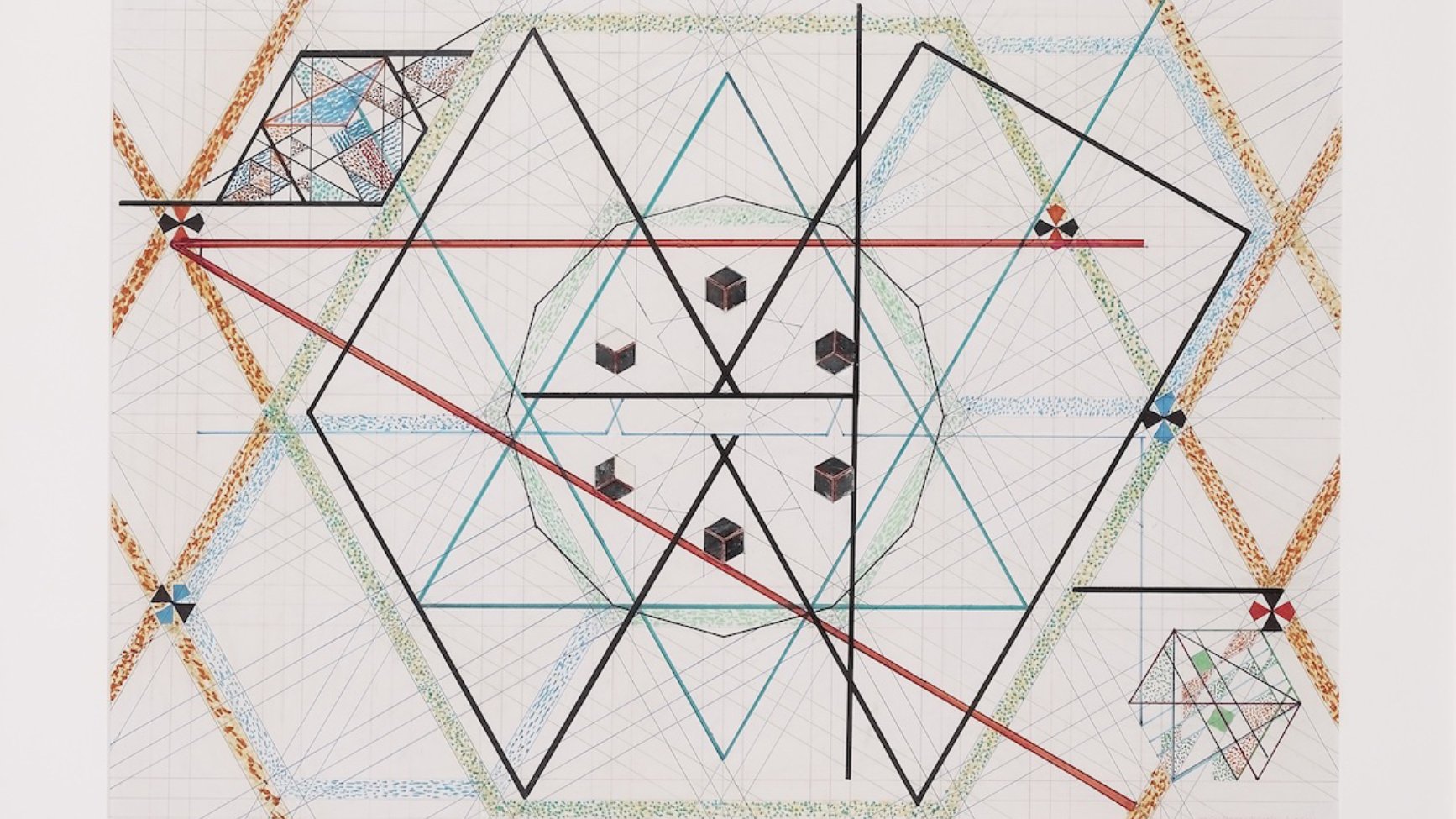 The image appears to be a geometric abstract artwork featuring intricate patterns and shapes. It includes a combination of lines, shapes, and colors, creating a complex design. Central to the composition is a large hexagonal form, surrounded by smaller geometric figures. Various lines intersect, forming a network across the page, while colored triangles and other shapes add depth and dimension. The overall aesthetic is symmetrical and mathematical, reflecting a meticulous approach to design and balance.