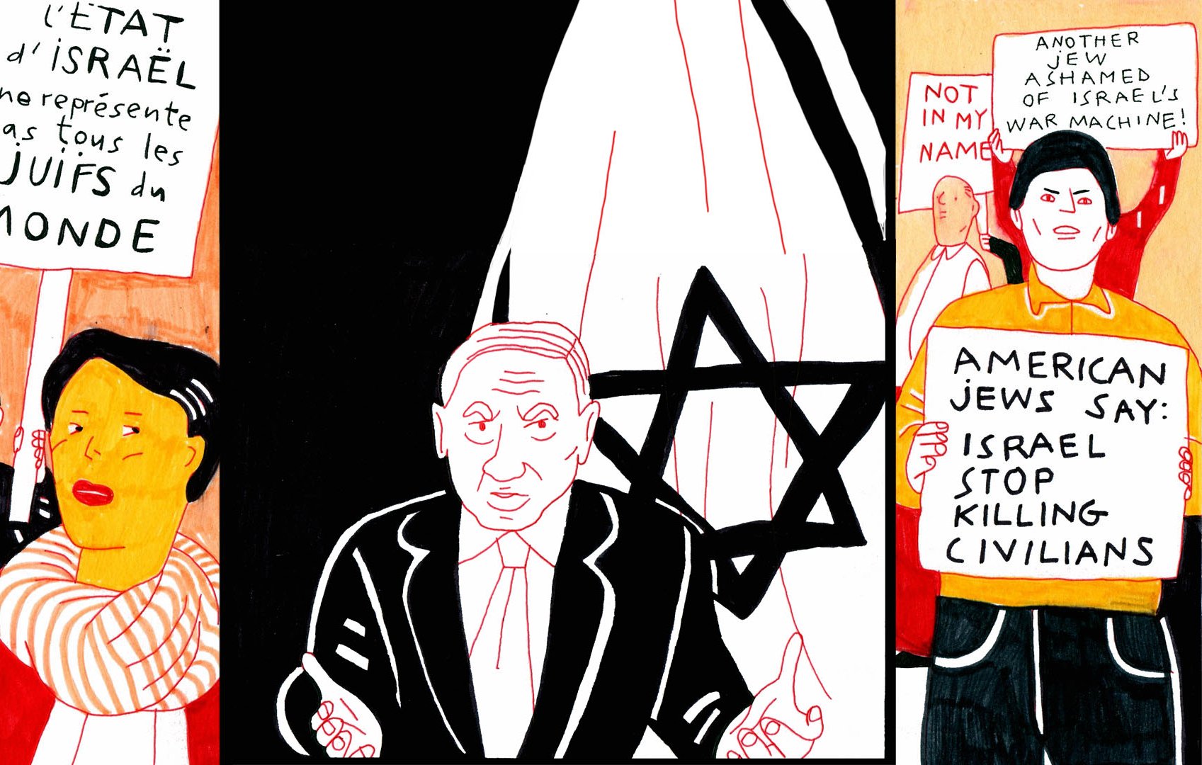 La imagen muestra un ambiente de protestas con varias personas holding carteles. En el lado izquierdo, hay una mujer sosteniendo un cartel que dice algo sobre Israel y los judíos del mundo. En el centro, se representa a una figura masculina que parece ser Netanyahu, rodeado de un fondo con el símbolo de la Estrella de David. A la derecha, hay otra persona con un cartel que expresa una declaración sobre judíos americanos y un llamado a detener el asesinato de civiles en Israel. La estética es colorida y gráfica, con un estilo de ilustración simplificado.