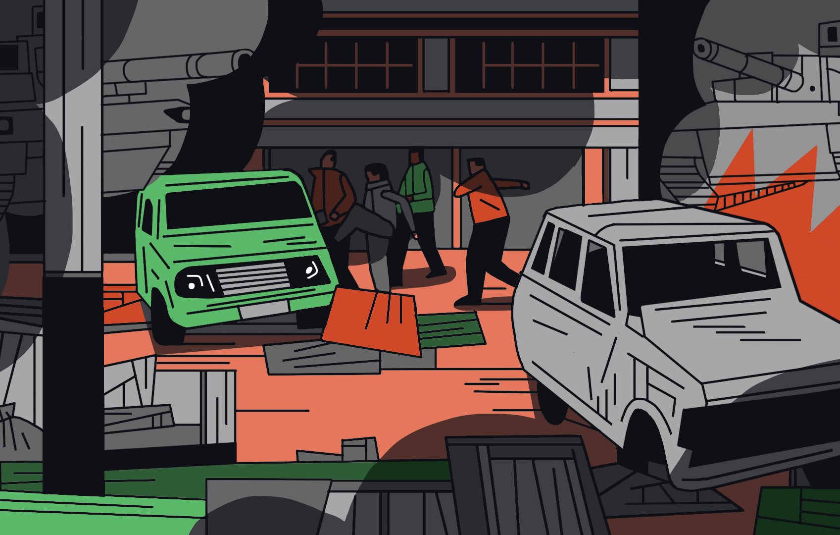 La imagen muestra una escena caótica con varios vehículos, como una furgoneta verde y un coche blanco, en un entorno desordenado. Hay personas en el centro que parecen estar en movimiento, rodeadas de escombros y estructuras destruidas. Se perciben tanques en el fondo, sugiriendo un ambiente de conflicto o guerra, y la paleta de colores combina tonos grisáceos con detalles en verde y naranja, lo que añade una sensación de lucha y tensión.