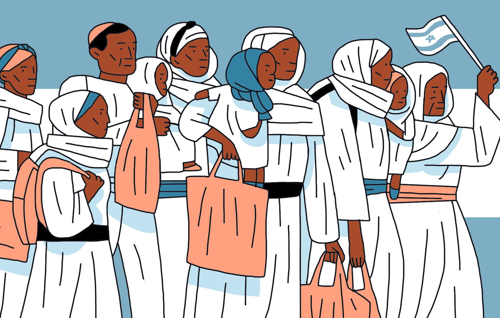 La imagen muestra a un grupo de personas de pie en una fila. Todos visten ropas blancas con detalles en colores claros, y algunas mujeres llevan pañuelos en la cabeza. Una de las personas sostiene una bandera, y el ambiente parece festivo. El fondo es de un color azul suave, lo que resalta las figuras del grupo. El conjunto transmite un sentido de comunidad y unidad.