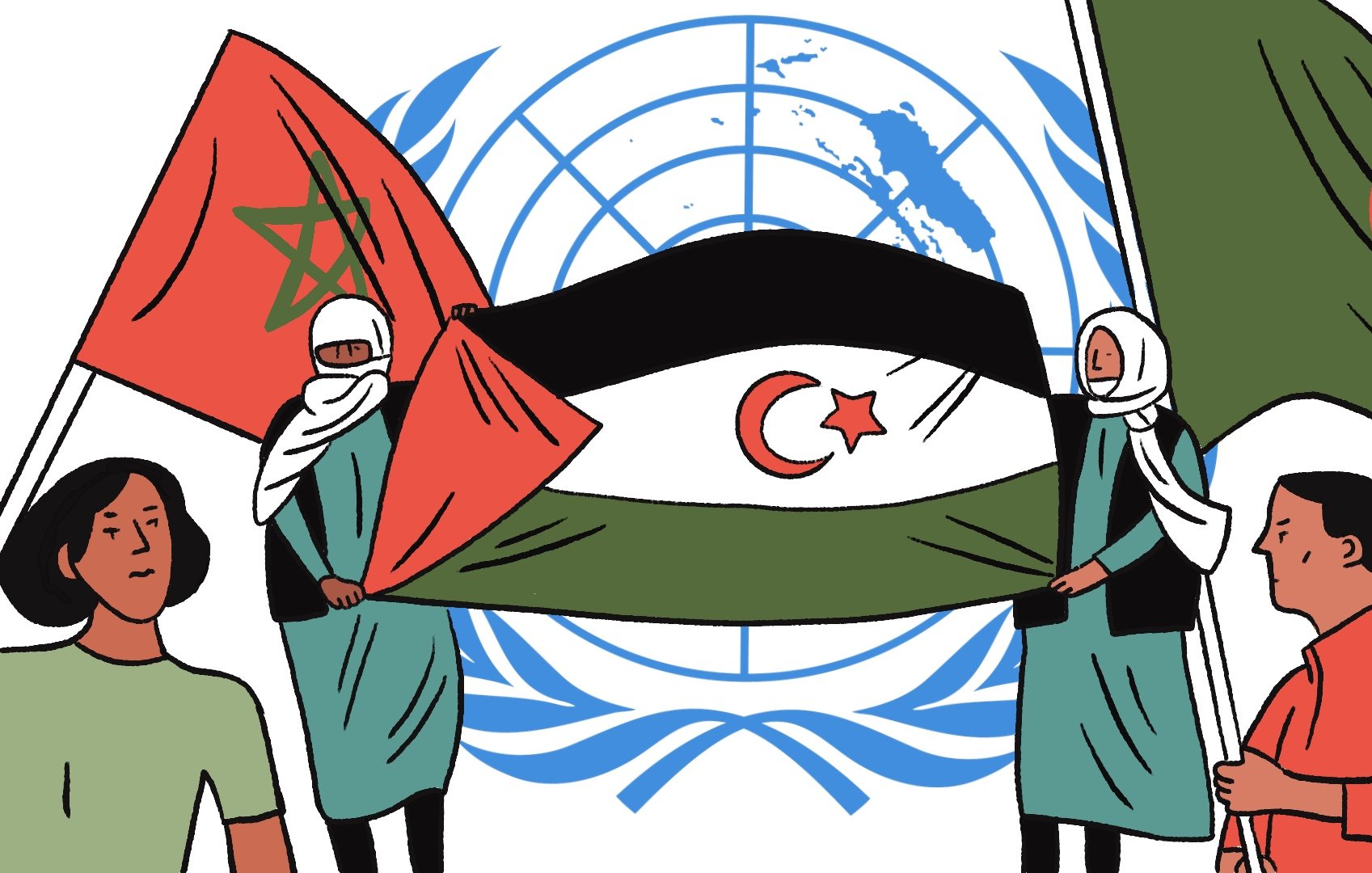 The image features a group of individuals holding a large flag that prominently displays a green field with a white crescent and star in the center, flanked by flags of Morocco and Algeria. In the background, there is a representation of the United Nations emblem. The individuals are dressed in various outfits, including some wearing headscarves, indicating diverse representation. The scene may symbolize a political or cultural statement related to the countries depicted.