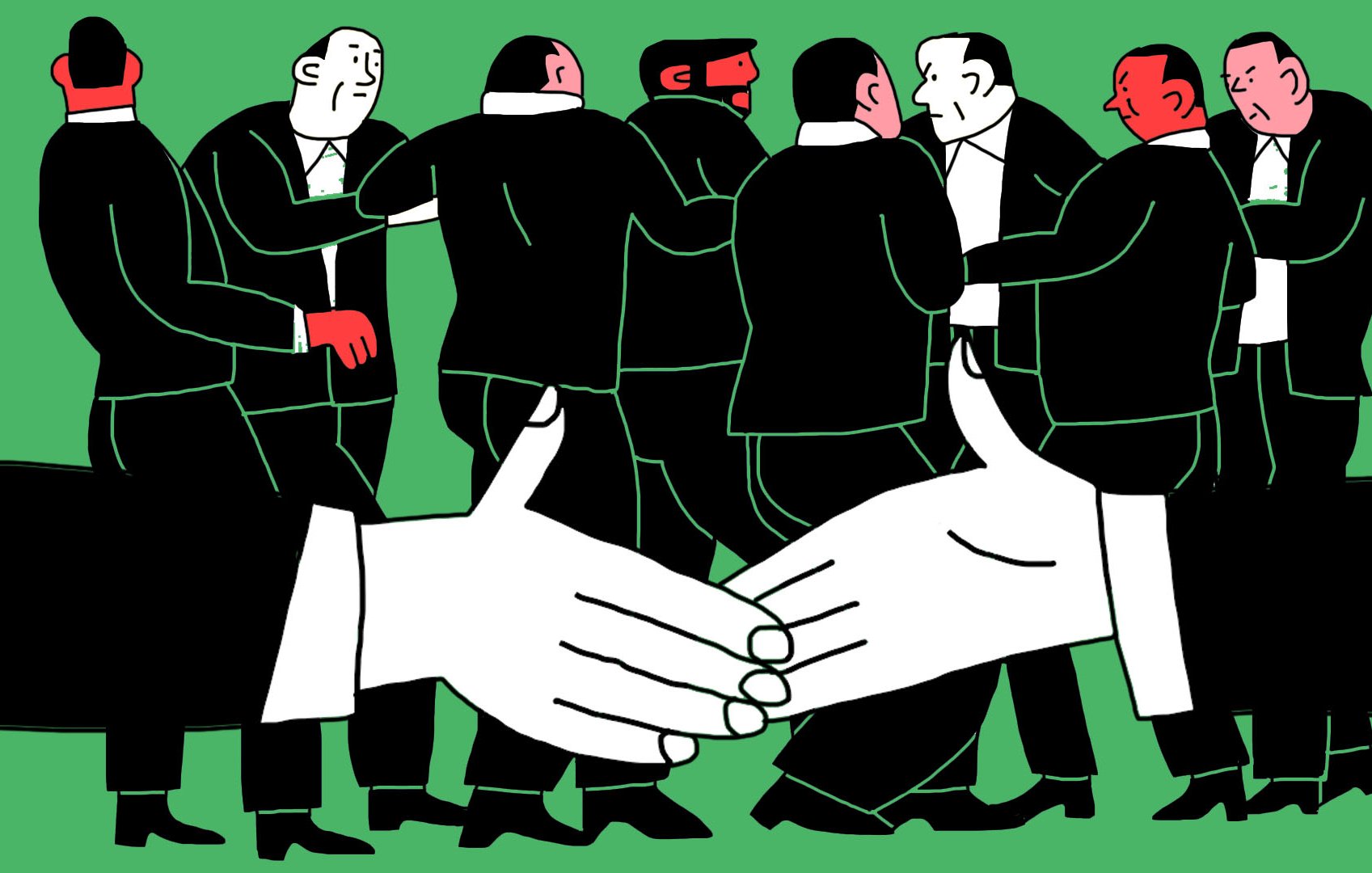La imagen muestra a un grupo de hombres vestidos con trajes formando un círculo o grupo en un fondo verde. Al frente, hay un par de manos blancas extendidas en un gesto de apretón de manos. Los hombres parecen estar en una conversación o interacción entre ellos, mientras que las manos del primer plano indican un acuerdo o un saludo. El estilo de la ilustración es gráfico y simplificado, con líneas claras y un uso de colores contrastantes.