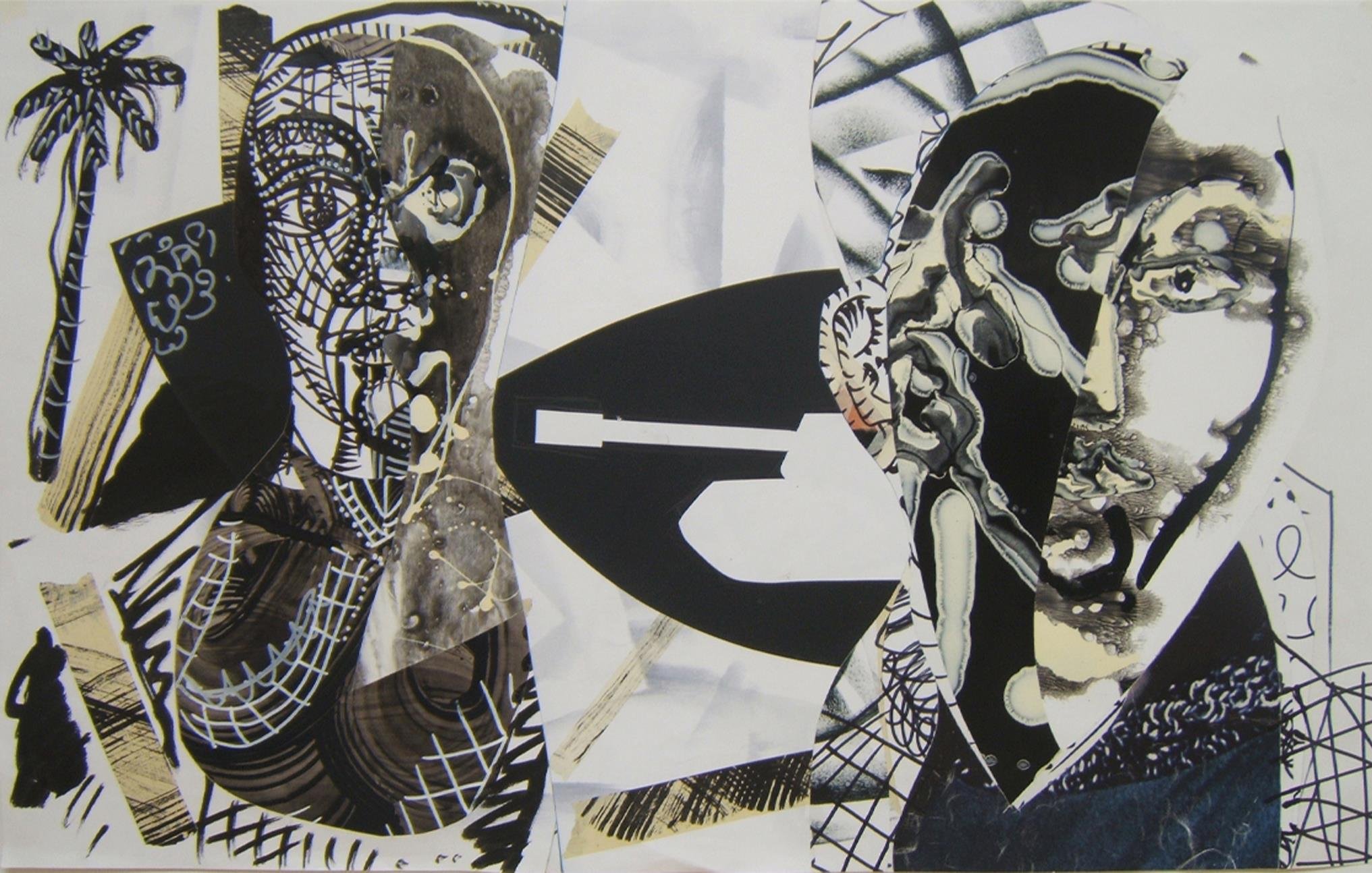 La imagen presenta una composición artística abstracta en blanco y negro, combinando formas y figuras humanas estilizadas. A la izquierda, se pueden observar elementos que parecen representar un rostro y un cuerpo femenino, con patrones en red y textura. A la derecha, hay otra figura que también sugiere un rostro humano, con un estilo más geométrico y contrastes de luz y sombra. En el centro, destaca un contorno que parece ser un objeto, posiblemente un arma, lo que añade una dimensión conceptual a la obra. También se incluyen elementos como palmeras, sugiriendo un ambiente tropical o exótico. La mezcla de texturas y la disposición de las figuras crean una sensación de dinamismo y tensión.