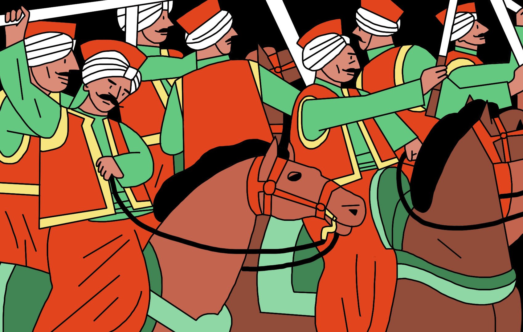 La imagen muestra a un grupo de jinetes con vestimenta tradicional, principalmente en tonos naranjas y verdes. Están montando caballos y parecen llevar estandartes o lanzas. Los jinetes tienen turbantes en la cabeza y están en una formación que sugiere movimiento, como si estuvieran marchando o participando en una celebración. El fondo es de color negro, lo que hace que los colores de la vestimenta y los caballos resalten.