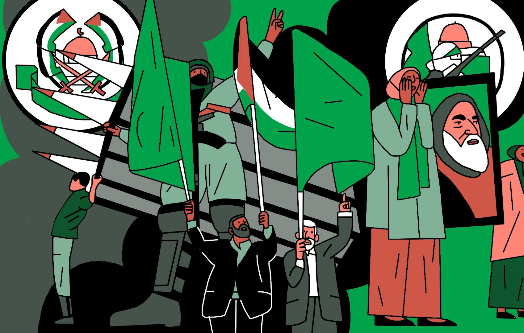 La imagen muestra una representación gráfica con un fondo verde y negro. Varias figuras sostienen banderas verdes, simbolizando unidad y protestas. Entre ellos, hay personas vestidas con ropa tradicional y otras en trajes más formales, lo que sugiere una mezcla de contextos. Detrás, se observa un vehículo militar y símbolos que podrían representar un movimiento o una causa específica. En el extremo derecho, hay una figura que parece estar haciendo un gesto de saludo o apoyo. La composición transmite un fuerte sentido de movilización y reivindicación.