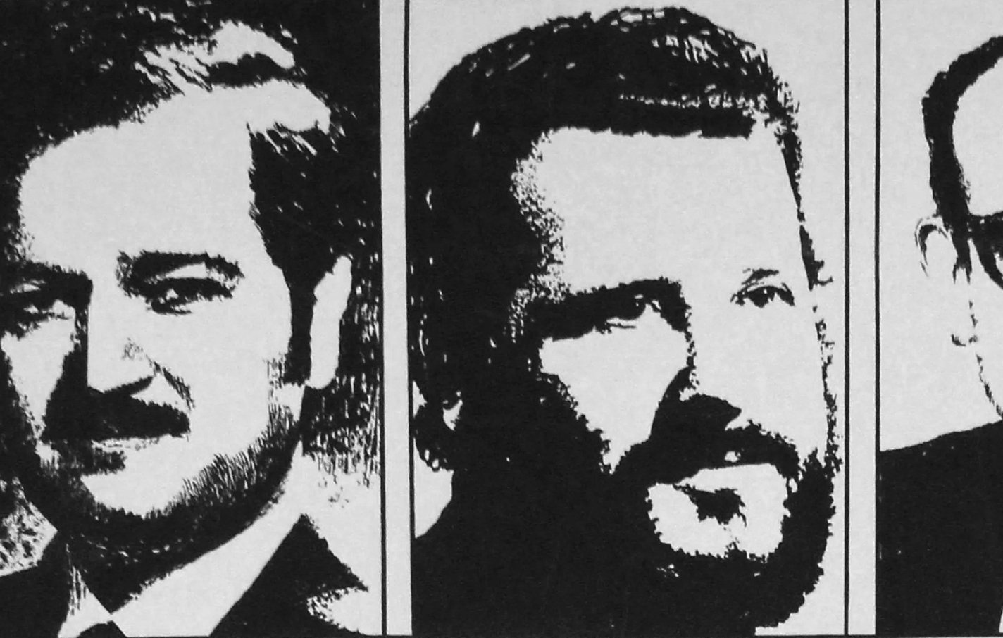 The image features three black-and-white portraits of men, each framed separately.