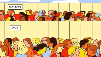 La imagen muestra dos secciones de una multitud. En la parte superior, hay una etiqueta que dice "NON JUIFS" (no judíos) y en la parte inferior dice "JUIFS" (judíos). Cada sección presenta un grupo diverso de personas con diferentes características físicas, y están organizadas en columnas, lo que da la idea de separación entre los dos grupos. El estilo de la ilustración es colorido y caricaturesco.