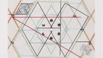The image appears to be a geometric abstract artwork featuring intricate patterns and shapes. It includes a combination of lines, shapes, and colors, creating a complex design. Central to the composition is a large hexagonal form, surrounded by smaller geometric figures. Various lines intersect, forming a network across the page, while colored triangles and other shapes add depth and dimension. The overall aesthetic is symmetrical and mathematical, reflecting a meticulous approach to design and balance.