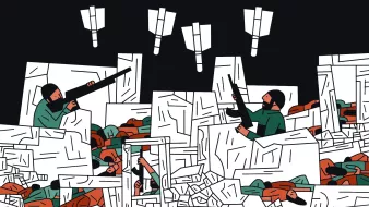 La imagen muestra una escena caótica de lo que parece ser un conflicto o una batalla. Hay figuras humanas que se encuentran entre escombros y ruinas, algunas de ellas sosteniendo armas. Varias personas parecen estar luchando mientras otras están en el suelo. En la parte superior, se pueden ver proyectiles o misiles cayendo, lo que aumenta la sensación de tensión y desorden. El estilo artístico es gráfico y simplificado, utilizando una paleta de colores limitada con tonos oscuros y algunas áreas en colores más brillantes.