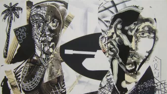 La imagen presenta una composición artística abstracta en blanco y negro, combinando formas y figuras humanas estilizadas. A la izquierda, se pueden observar elementos que parecen representar un rostro y un cuerpo femenino, con patrones en red y textura. A la derecha, hay otra figura que también sugiere un rostro humano, con un estilo más geométrico y contrastes de luz y sombra. En el centro, destaca un contorno que parece ser un objeto, posiblemente un arma, lo que añade una dimensión conceptual a la obra. También se incluyen elementos como palmeras, sugiriendo un ambiente tropical o exótico. La mezcla de texturas y la disposición de las figuras crean una sensación de dinamismo y tensión.