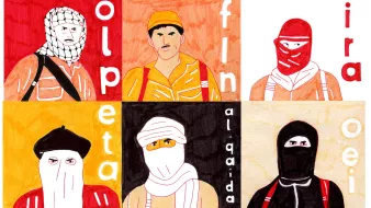 La imagen presenta un collage de seis personajes en un estilo artístico colorido. Cada personaje está representado con diferentes vestimentas y rostros parcialmente cubiertos, lo que sugiere una temática relacionada con grupos militantes o conflictos. Los colores de fondo varían entre tonos cálidos y fríos. Las palabras "olpeta", "final", "ira" y "al-qaida" están visibles, lo que podría indicar un mensaje de protesta o un comentario sobre la guerra y el extremismo. La obra utiliza una mezcla de técnicas de dibujo y pintura para crear una atmósfera impactante.