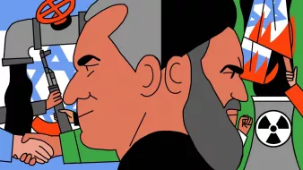 La imagen presenta un estilo gráfico en el que se pueden ver dos rostros en perfil, uno de ellos con cabello gris y el otro con barba oscura. Al fondo, se observan varios elementos que parecen simbolizar el conflicto, incluyendo una estrella de David, armas y señales de peligro, lo que sugiere una tensión geopolítica. La composición utiliza colores llamativos y formas simplificadas, transmitiendo una narrativa visual sobre la confrontación y las relaciones entre diferentes grupos o regiones.