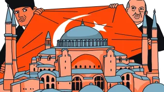 La imagen muestra a dos hombres sosteniendo una gran bandera de Turquía, que tiene una estrella y una luna en su centro. Detrás de ellos se encuentra la famosa estructura de la Hagia Sophia, con su distintiva cúpula y minaretes. La escena está representada en un estilo gráfico, con colores predominantes en tonos naranja, azul y gris, lo que le da un aire moderno y estilizado.