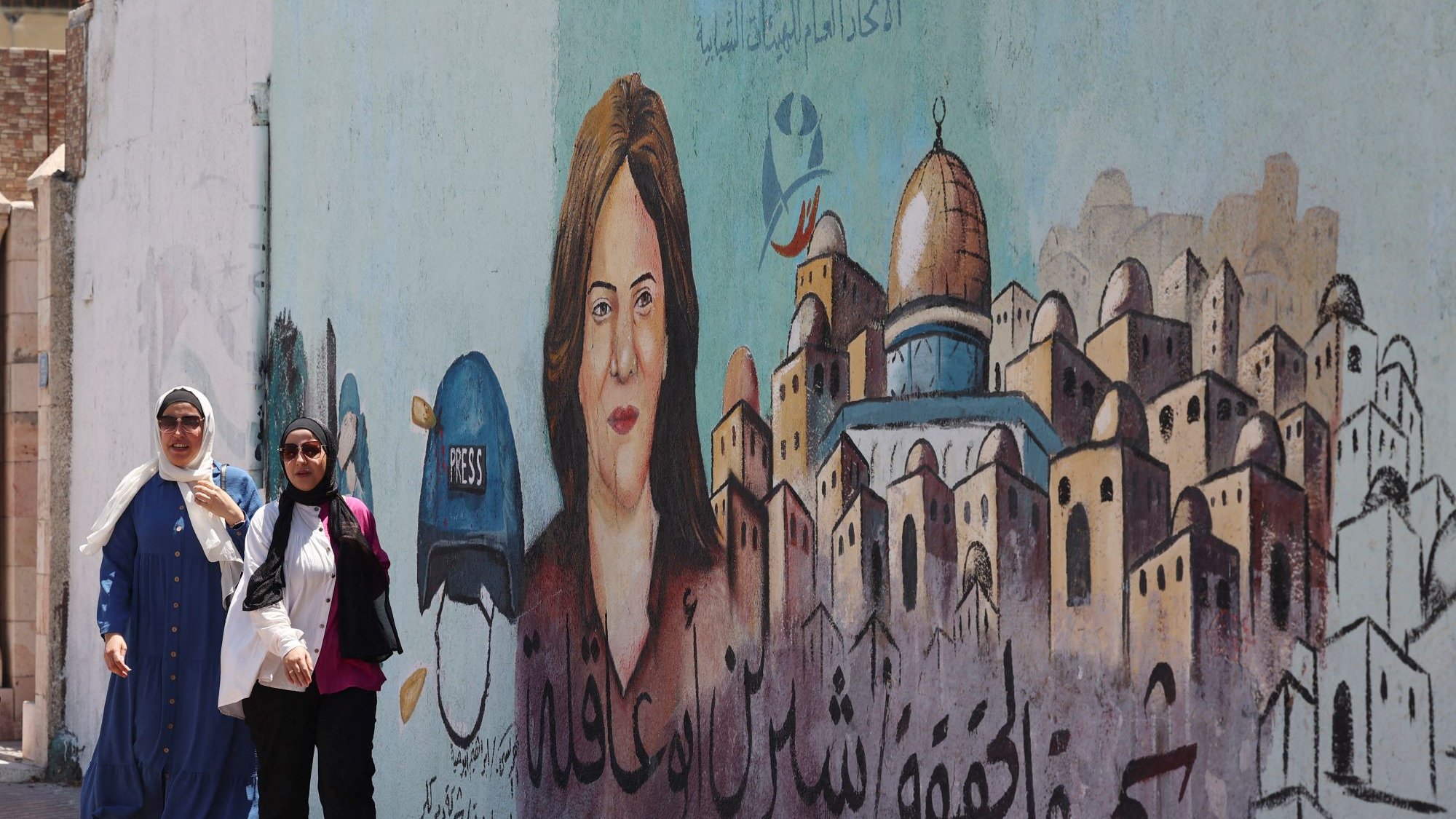 در این تصویر، دو زن در حال پیادهروی در کنار دیواری هستند که روی آن یک نقاشی بزرگ از یک زن به تصویر کشیده شده است. زن نقاشی شده دارای چهرهای جدی و نگاه مستقیمی به بیننده است. او کلاه جلوی سرش را به شکل نمادین به نشانه خبرنگاری به رنگ آبی دارد. در پسزمینه، ساختمانها و کوچهها به صورت هنری و با رنگهای ملایم به تصویر درآمدهاند. همچنین در پایین نقاشی، نوشتهای به عربی دیده میشود که به معنای «حقیقت» است. محیط دور و بر حس زندگی شهری و فرهنگی را منتقل میکند.